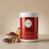 Pot enveloppement chocolat Belmés Profissional à l'huile d'argan et vitamine E – cacao en poudre noix d'argan et pétales de rose en arrière-plan