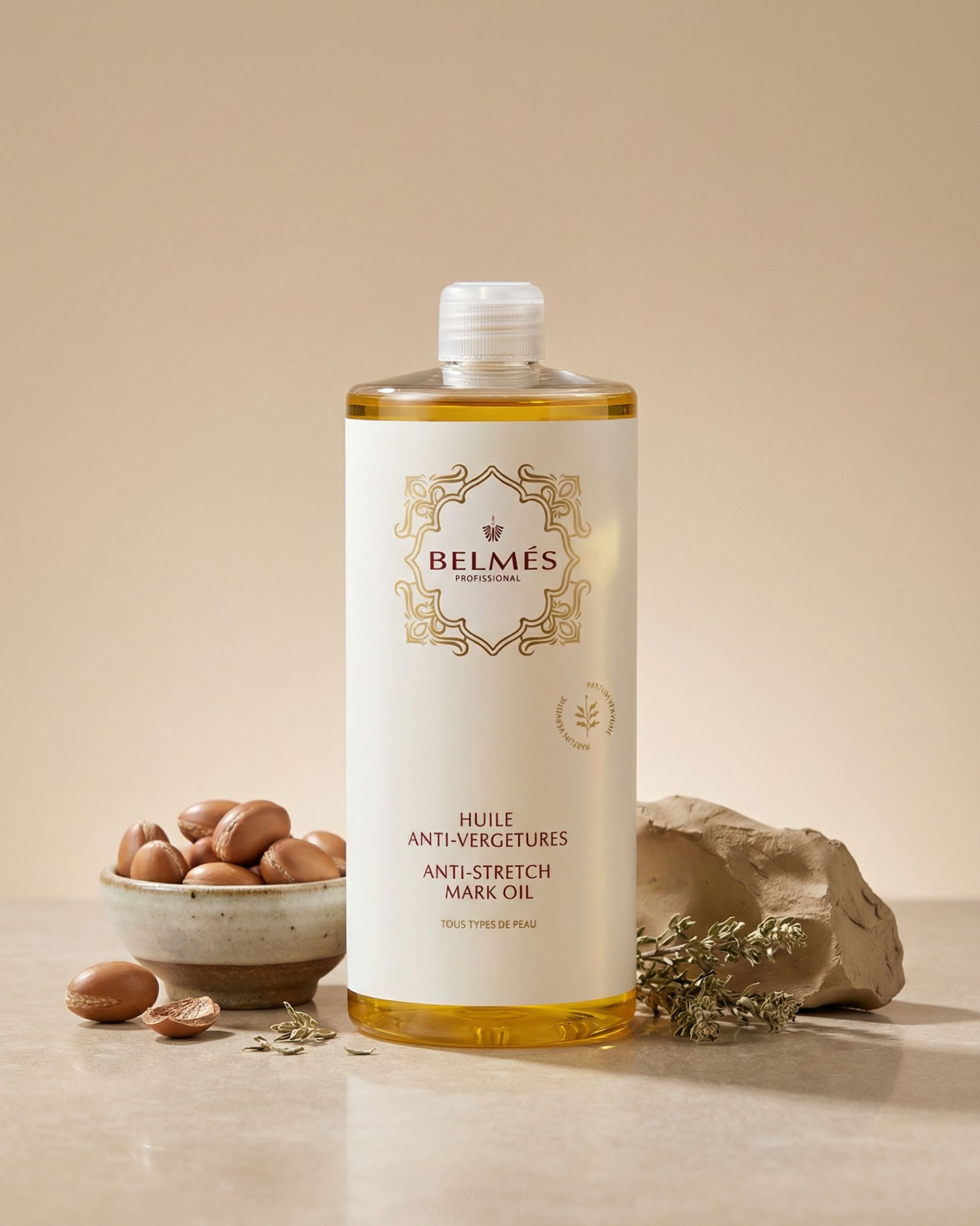 Flacon huile anti-vergetures Belmés Profissional – noix d'argan dans bol pierre naturelle et plantes aromatiques en arrière-plan tous types de peau