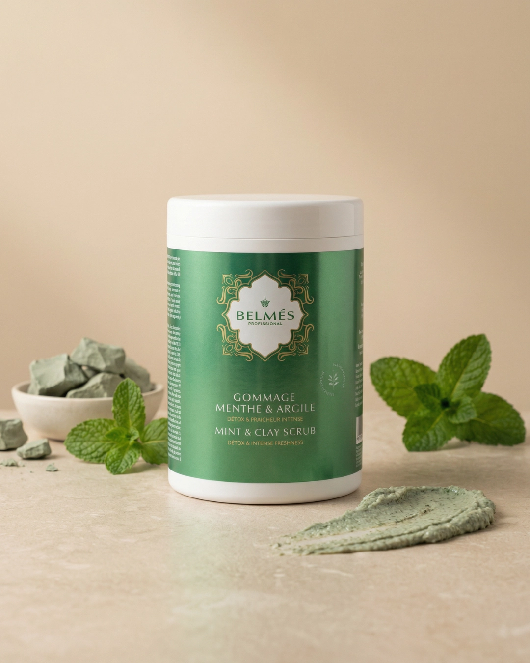 Gommage menthe argile verte texture étalée détox corps vue rapprochée – Belmés Profissional hammam spa professionnel