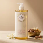 Flacon huile d'argan fleur d'oranger Belmés Profissional – noix d'argan fleurs blanches d'oranger et pétales dorés dans bol doré marocain en arrière-plan