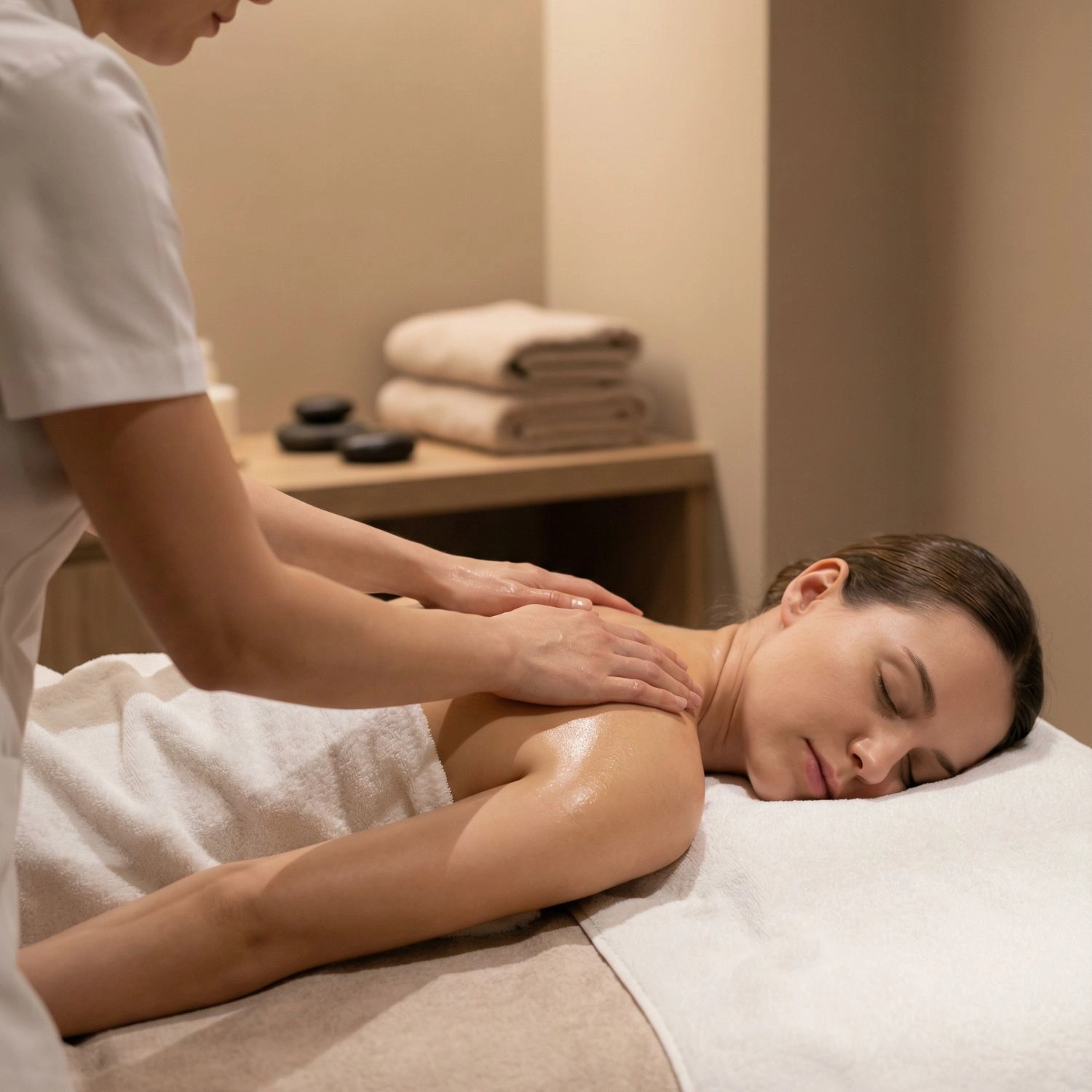 Masseuse appliquant l'huile de massage relaxante Belmés Profissional sur le dos d'une cliente en cabine spa – soin corps professionnel