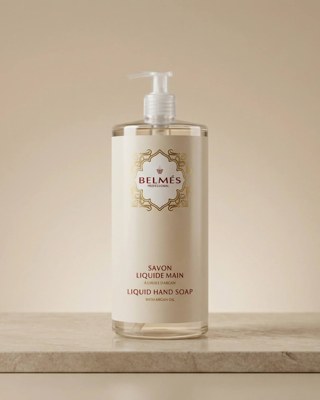 Flacon savon liquide main à l'huile d'argan Belmés Profissional avec pompe – design oriental doré naturel hydratant