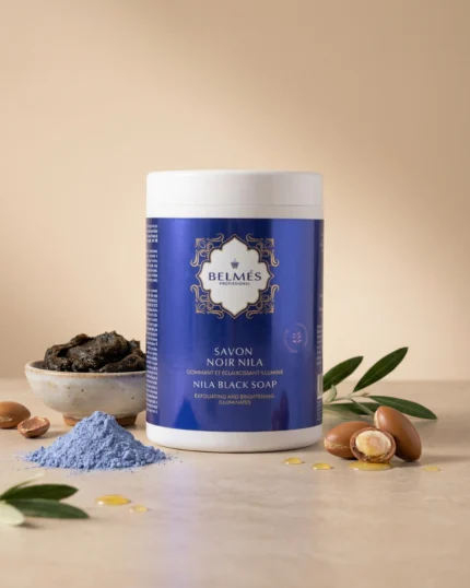 Savon noir Nila poudre indigo bleue beldi brut argan huile ingrédients détail – Belmés Profissional hammam spa