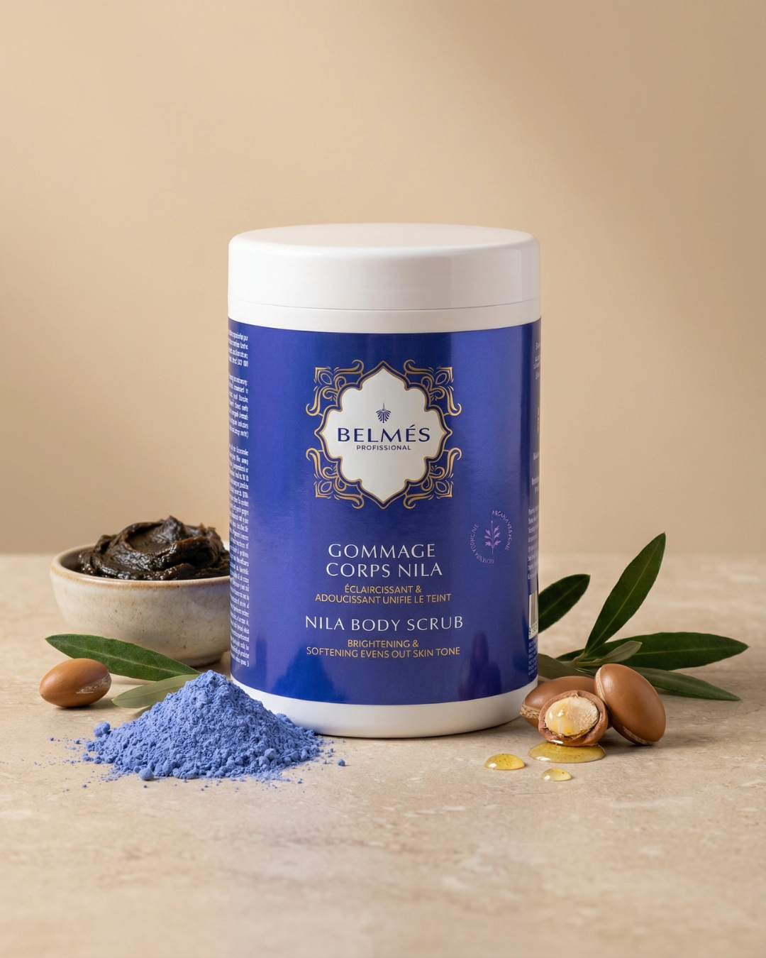Pot gommage corps Nila nila & argan vue rapprochée soin éclaircissant hammam – Belmés Profissional spa Maroc