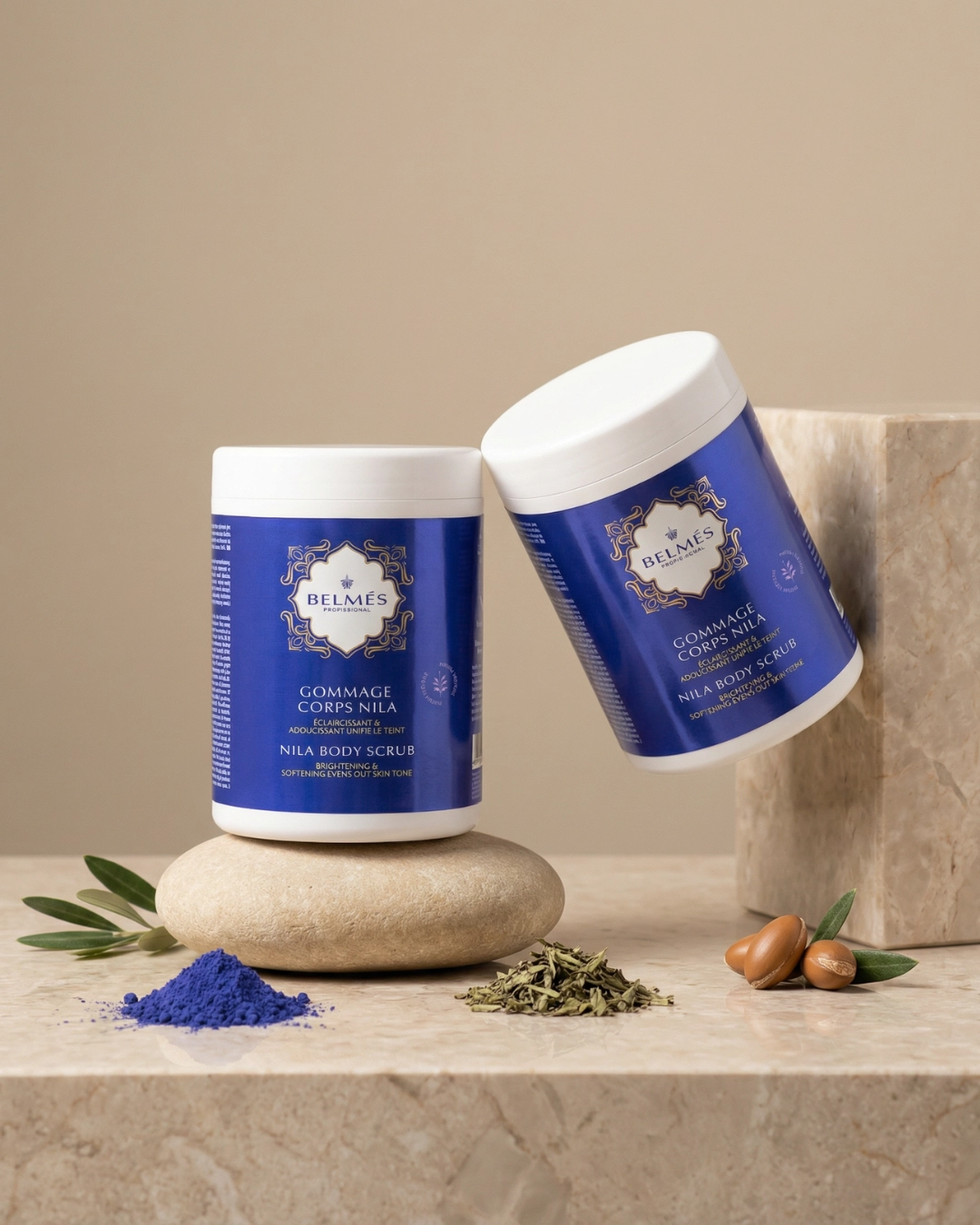 Gommage corps Nila éclaircissant à l'indigo et à l'argan – Belmés Profissional, soin hammam professionnel spa