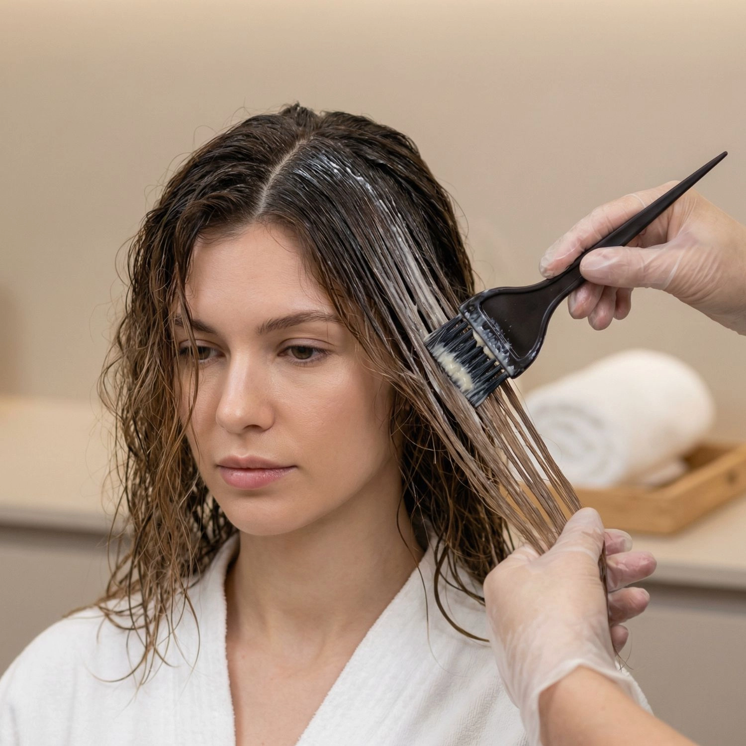 Esthéticienne appliquant le masque fortifiant Belmés Profissional au pinceau sur les cheveux humides d'une cliente en salon – soin capillaire professionnel