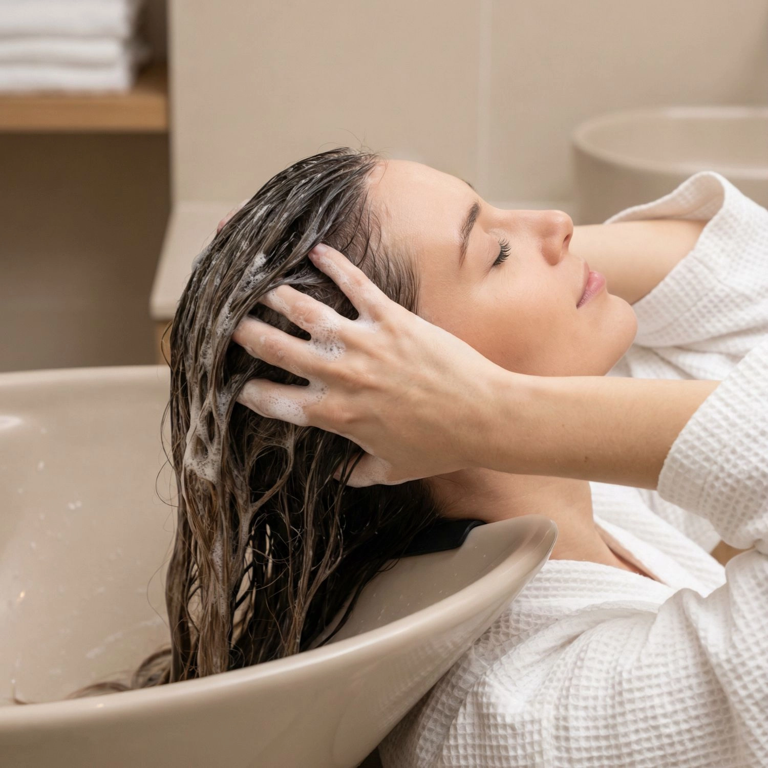 Femme en peignoir blanc se faisant laver les cheveux en institut – soin capillaire shampoing professionnel Belmés Profissional