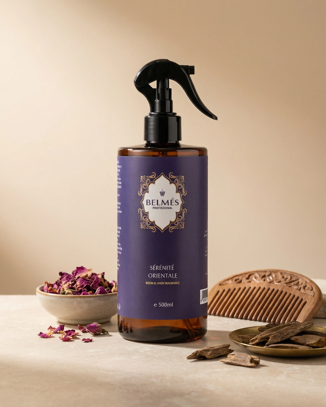 Spray parfum d'ambiance et linge Sérénité Orientale rose & oud 500ml – Belmés Profissional, usage hôtels spas riads