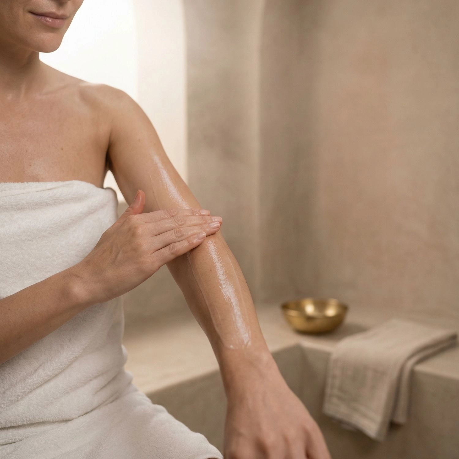 Femme en peignoir blanc appliquant une huile de soin sur le bras dans un hammam – rituel corps naturel Belmés Profissional