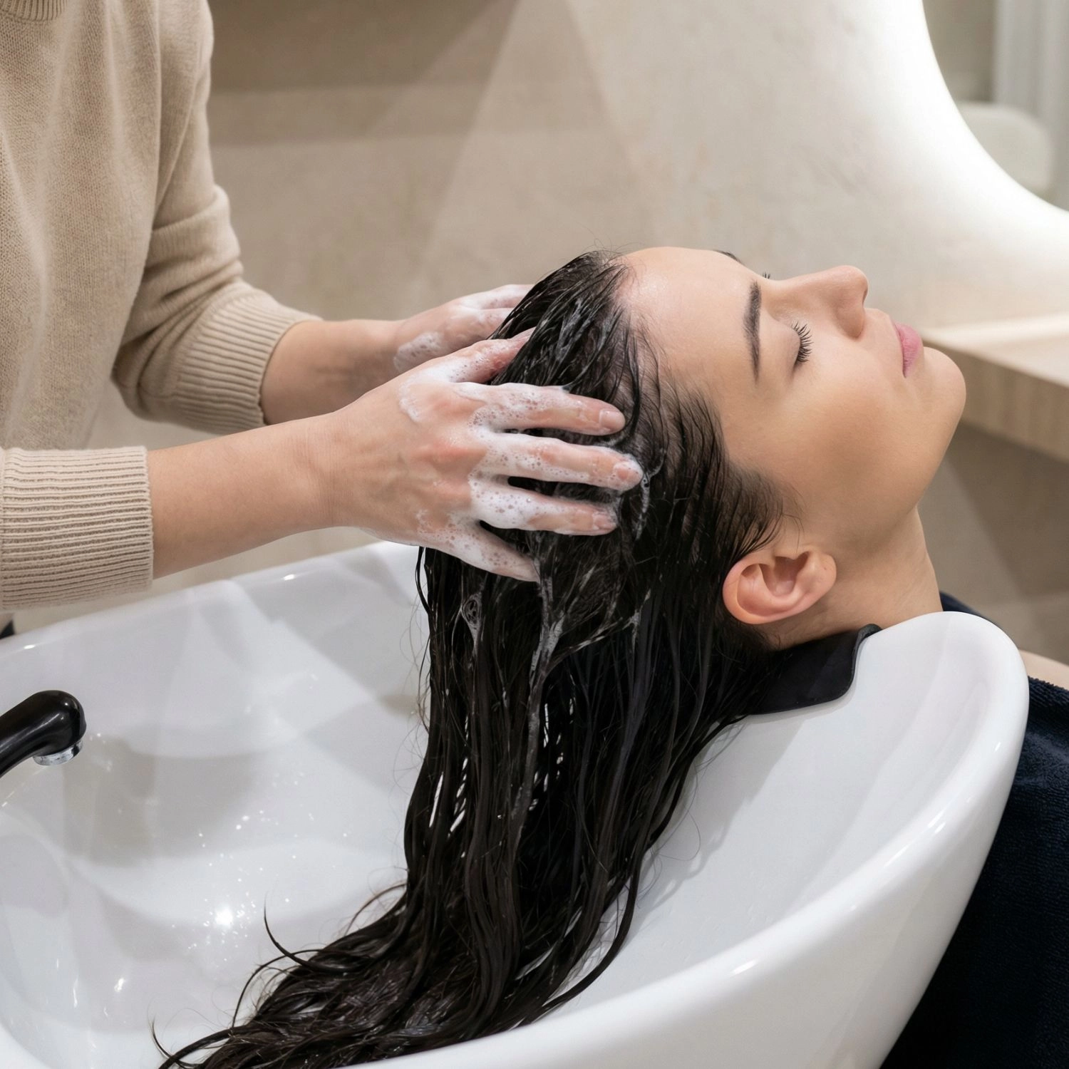 Esthéticienne appliquant le shampoing réparateur Belmés Profissional sur les cheveux d'une cliente en salon – soin capillaire professionnel