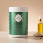 Pot masque fortifiant protéiné Belmés Profissional cheveux abîmés – flacon d'huile pipette dorée et poudre naturelle en arrière-plan