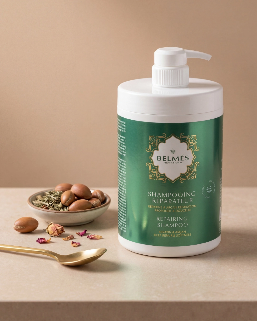 Pot shampoing réparateur Belmés Profissional kératine et argan – noix d'argan herbes séchées pétales de rose et cuillère dorée en arrière-plan
