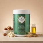 Pot masque capillaire nourrissant Belmés Profissional – noix d'argan beurre de karité épis de blé et flacon d'huile dorée en arrière-plan