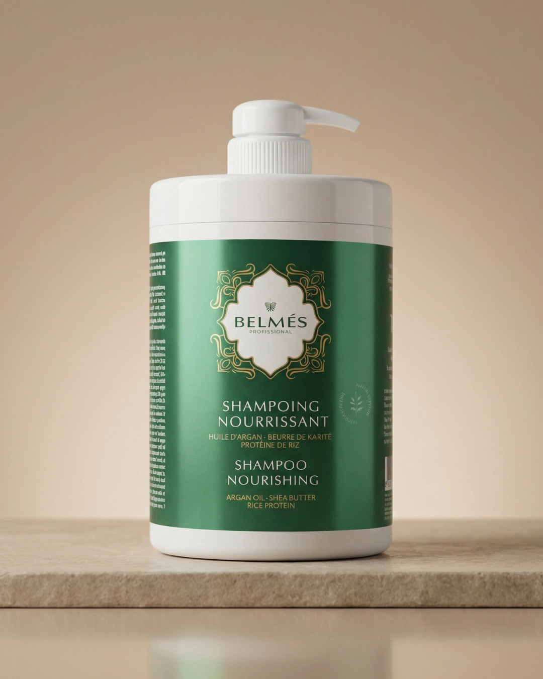 Flacon shampoing nourrissant Belmés Profissional à l'huile d'argan beurre de karité et protéine de riz – soin capillaire naturel professionnel