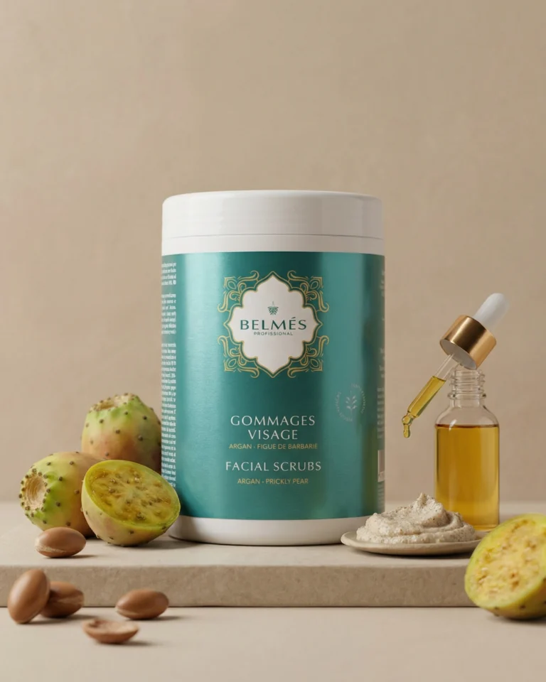 Flacon transparent huile anti-vergetures Belmés Profissional au design oriental crème et doré, entouré de noix d'argan dans un bol en grès, pierre naturelle et plantes aromatiques séchées. Soin corps préventif et réparateur naturel pour tous types de peau, idéal pendant la grossesse et en post-partum, recommandé pour spas, instituts de beauté et hôtels au Maroc et en France.