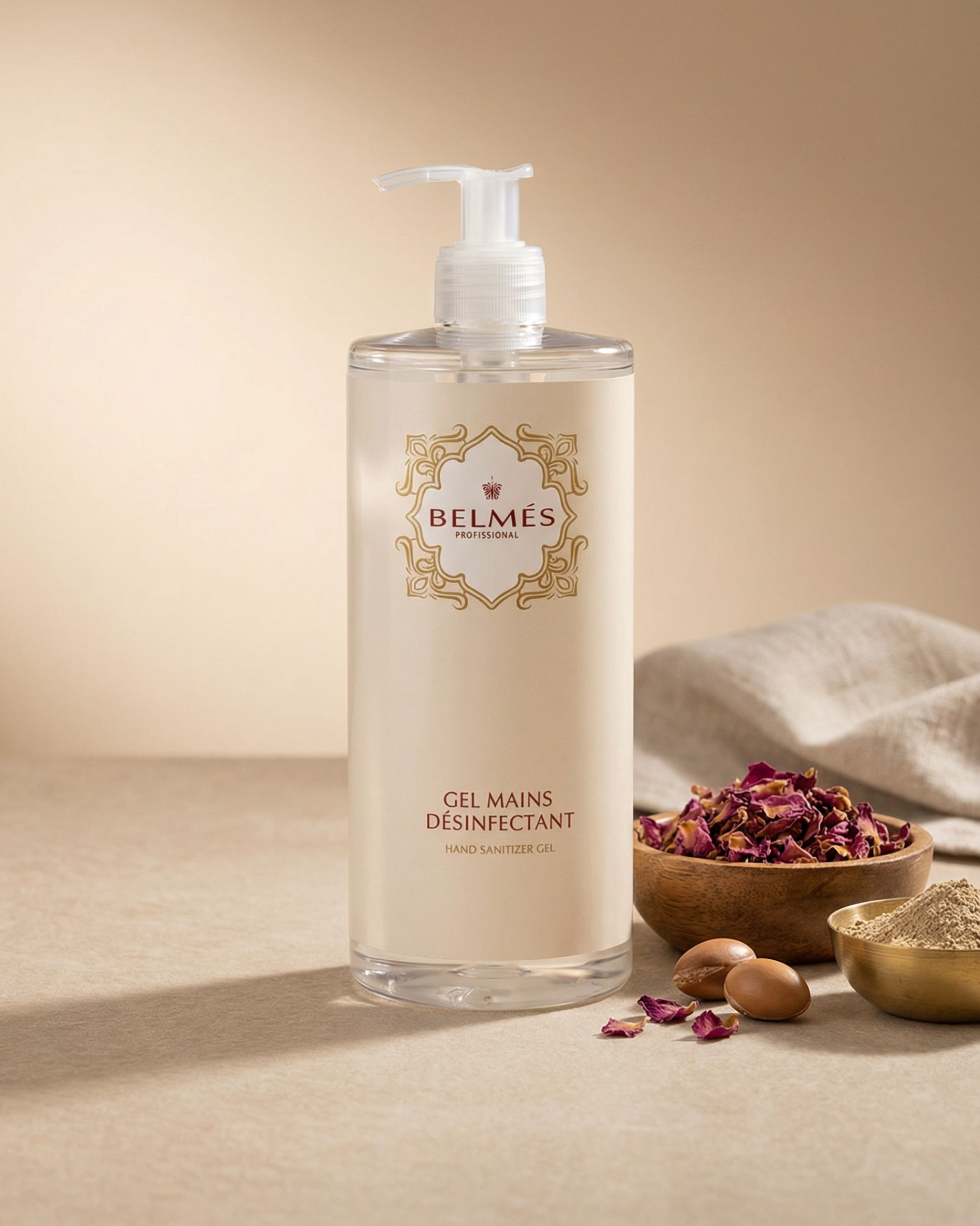 Flacon gel mains désinfectant Belmés Profissional avec pompe – pétales de rose séchés et noix d'argan en arrière-plan
