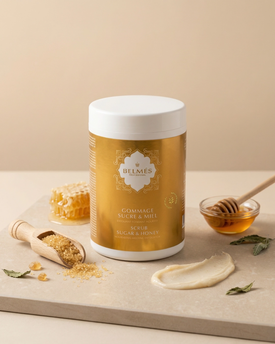 Gommage sucre roux miel liquide texture fondante corps vue détail – Belmés Profissional spa hammam professionnel