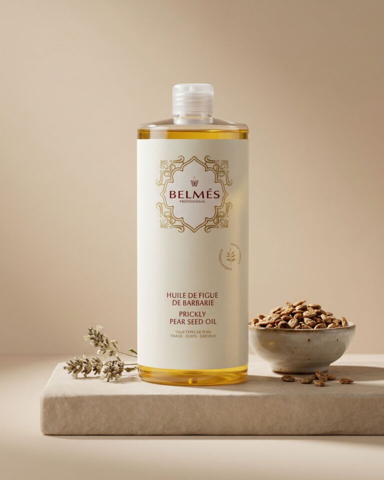 Flacon huile de figue de barbarie Belmés Profissional – graines de figue de barbarie dans bol et fleurs séchées en arrière-plan soin visage corps cheveux