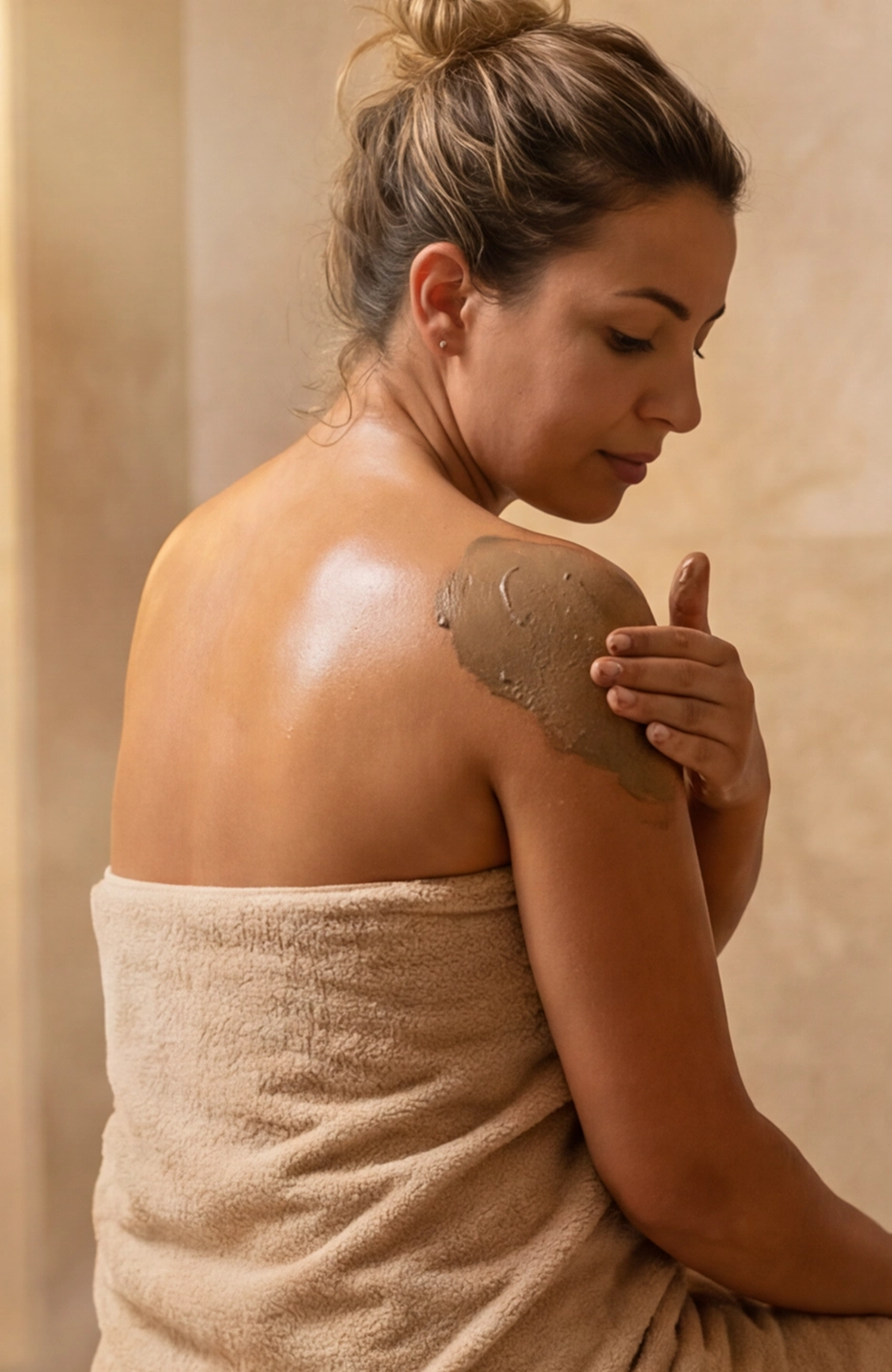 Femme applique ghassoul masque corps épaule hammam peau lumineuse serviette – soin professionnel Belmés Profissional spa Maroc