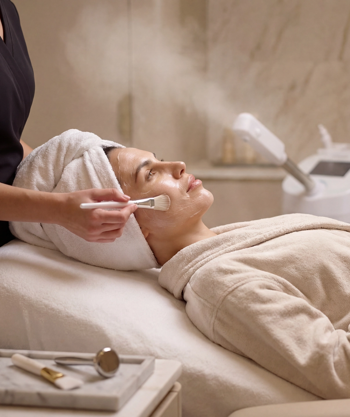 Esthéticienne appliquant un masque visage au pinceau sur une cliente allongée en cabine spa luxueux – soin visage professionnel Belmés Profissional