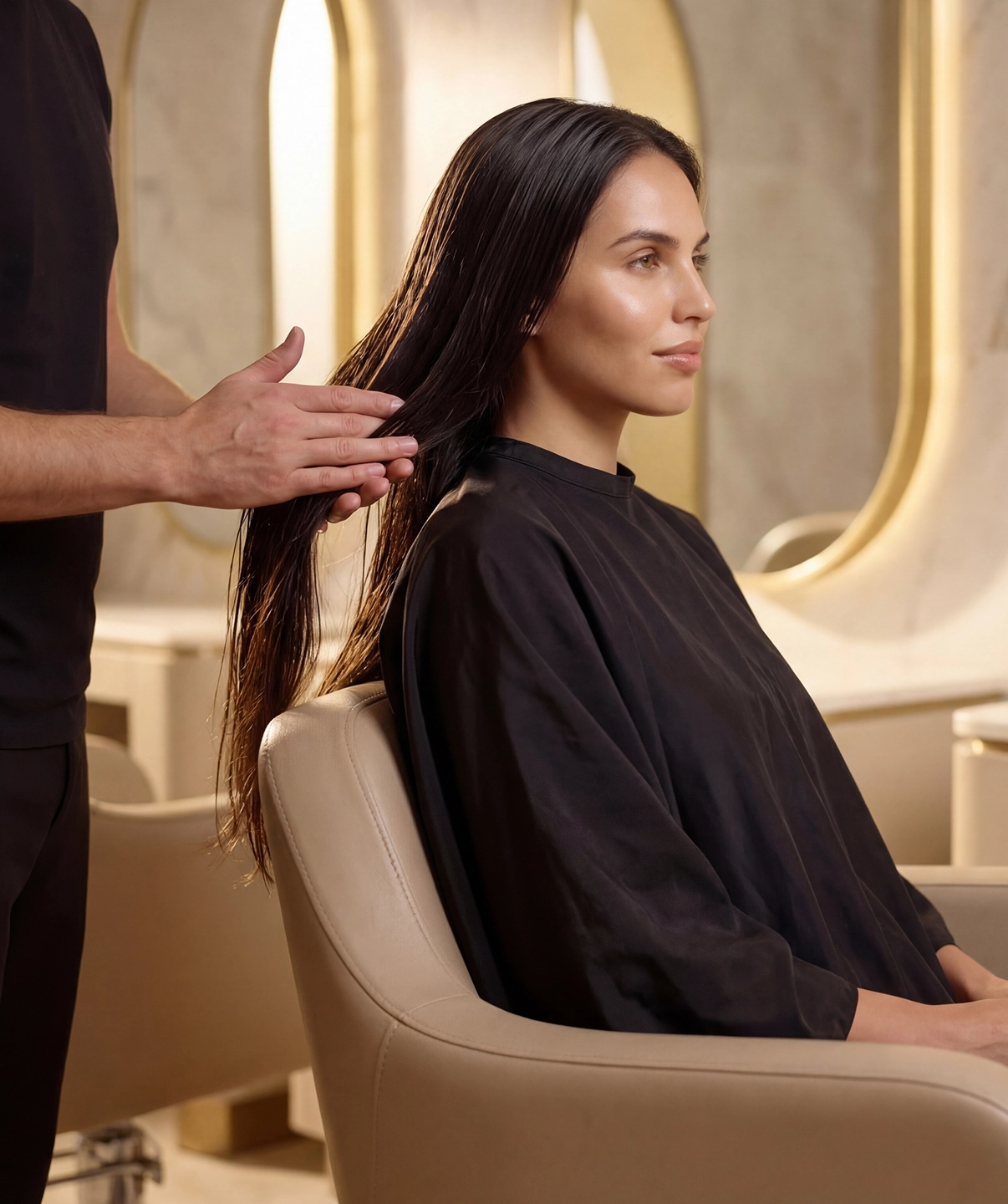 Coiffeur appliquant un soin capillaire Belmés Profissional sur les longueurs humides d'une cliente en salon de coiffure luxueux aux miroirs dorés