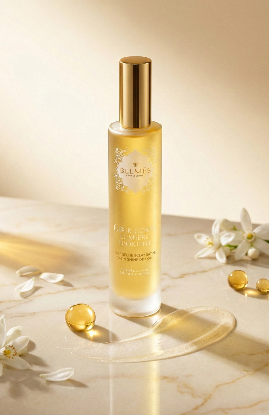 Élixir corps Lumière d'Orient huile sèche éclat satinée fleurs jasmin dorée – Belmés Profissional spa hôtel luxe Maroc