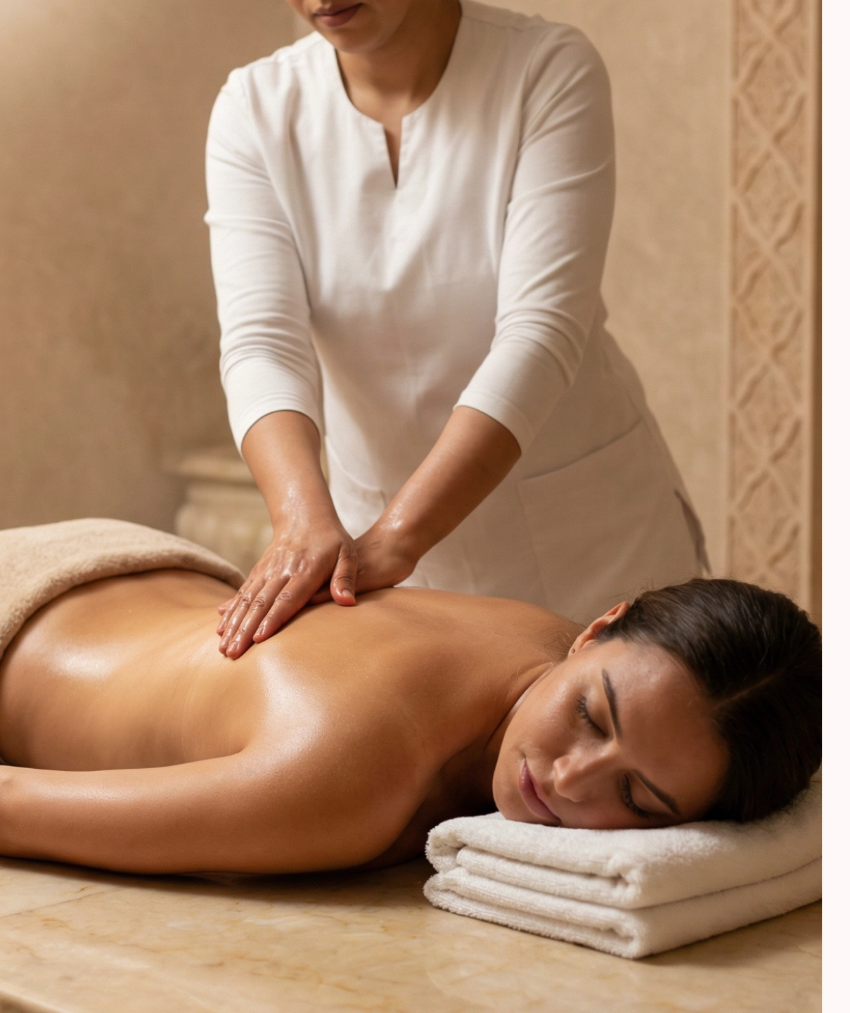 Masseuse en tenue blanche massant le dos huilé d'une cliente détendue dans un spa marocain aux murs en tadelakt – huile de massage naturelle Belmés Profissional