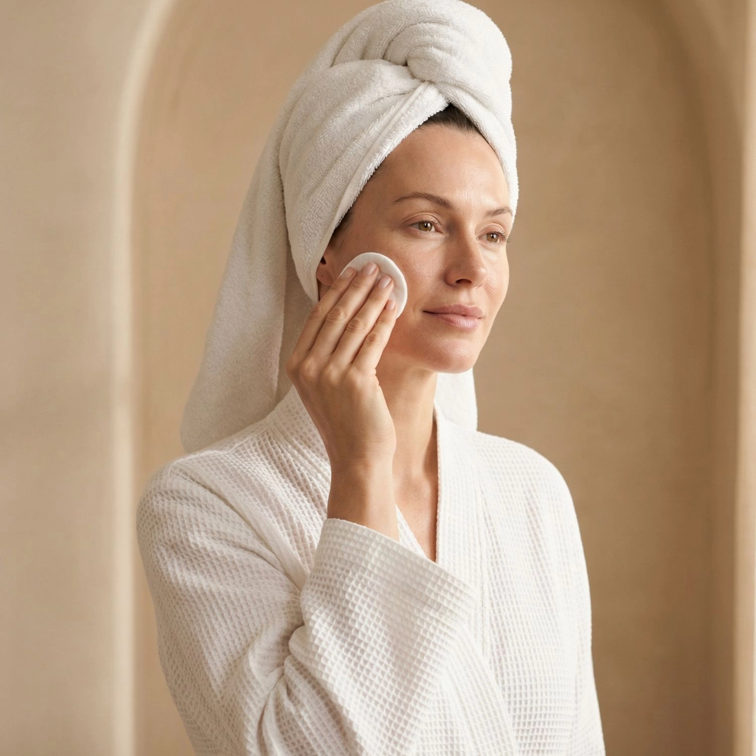 Femme en peignoir blanc nettoyant le visage avec l'eau micellaire Belmés Profissional sur coton – démaquillage naturel doux peau sensible