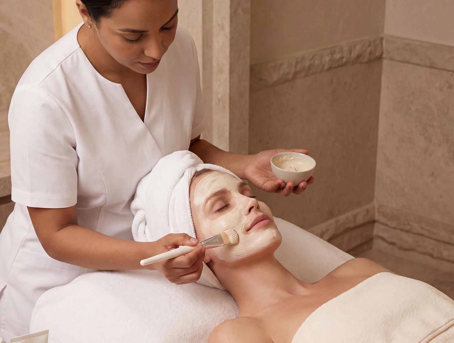 Esthéticienne appliquant un masque argile ghassoul au pinceau sur le visage d'une cliente allongée en spa marocain – soin visage purifiant Belmés Profissional