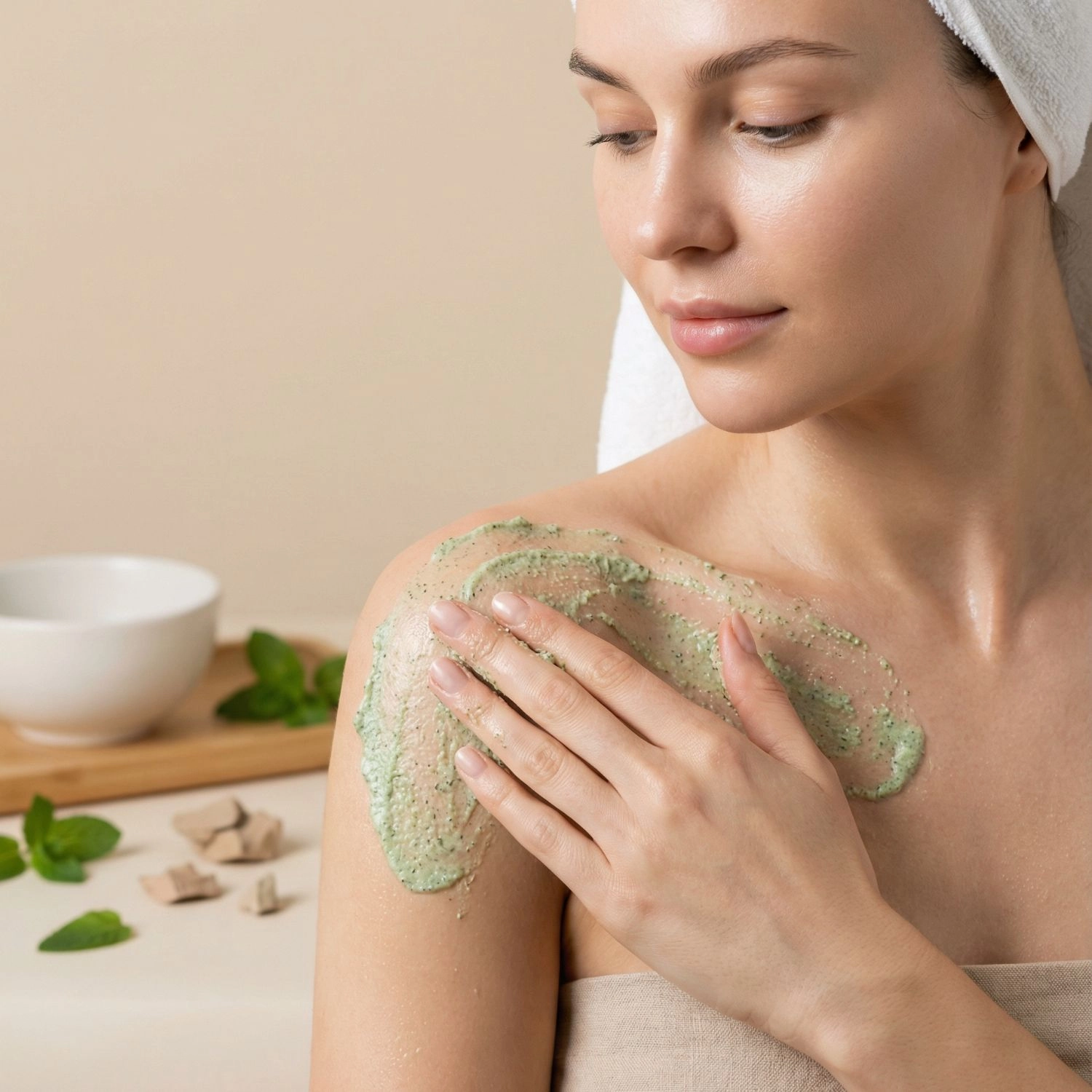 Femme avec turban appliquant le gommage menthe et argile Belmés Profissional sur l'épaule – feuilles de menthe et argile visibles en arrière-plan