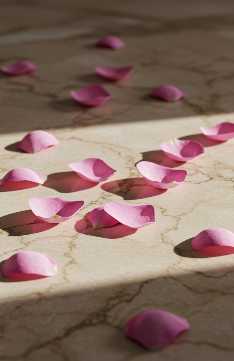 Pétales de rose rose du Maroc dispersés sur marbre beige – ingrédient naturel eau de rose soins visage et parfums Belmés Profissional