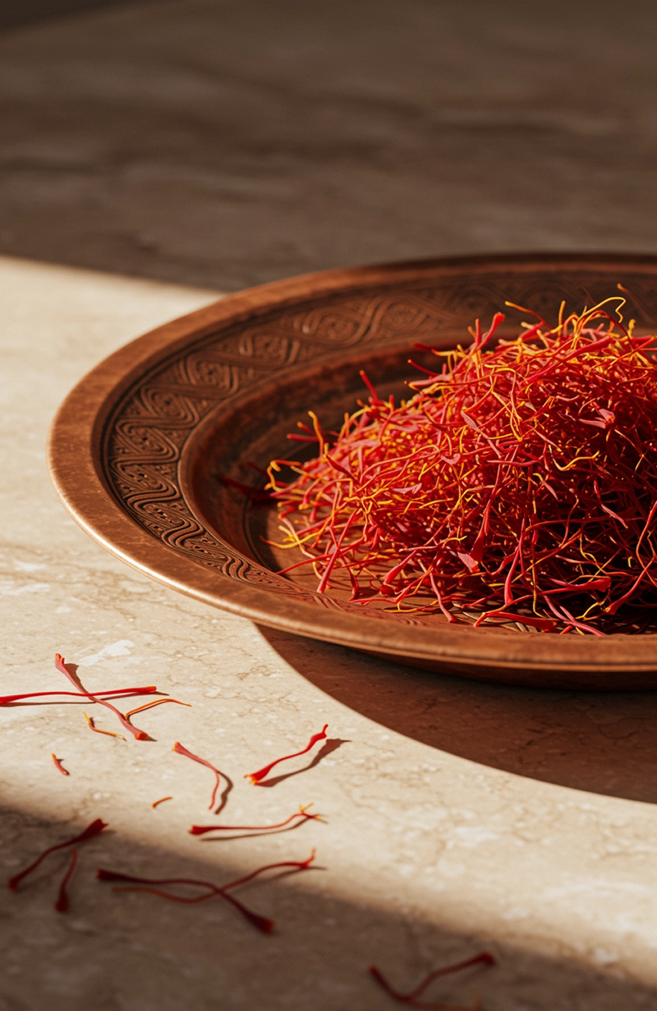 Pistils de safran pur sur plateau cuivré marocain gravé – ingrédient précieux anti-âge et illuminateur soins naturels Belmés Profissional