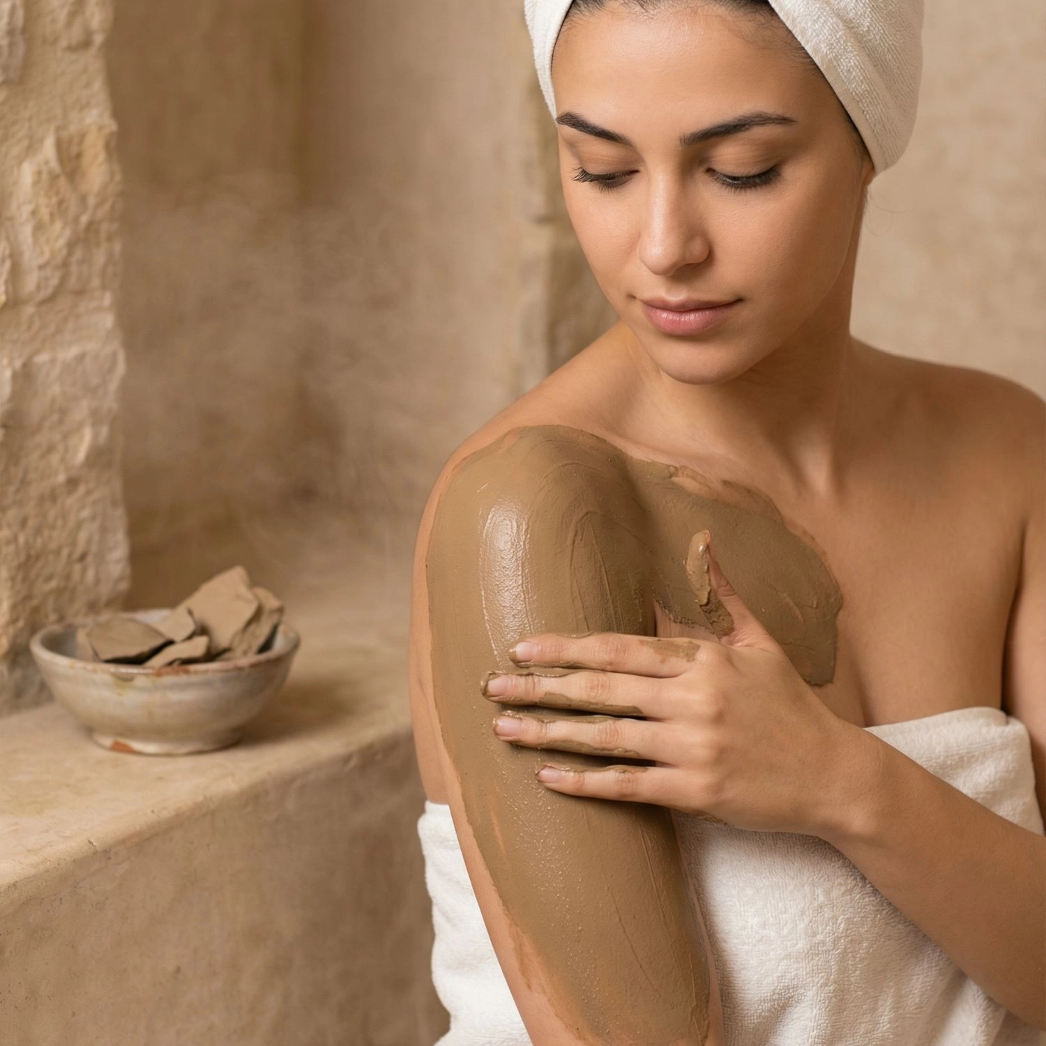 Femme appliquant le masque argile ghassoul Belmés Profissional sur la jambe dans un hammam marocain – bol de ghassoul brut en arrière-plan