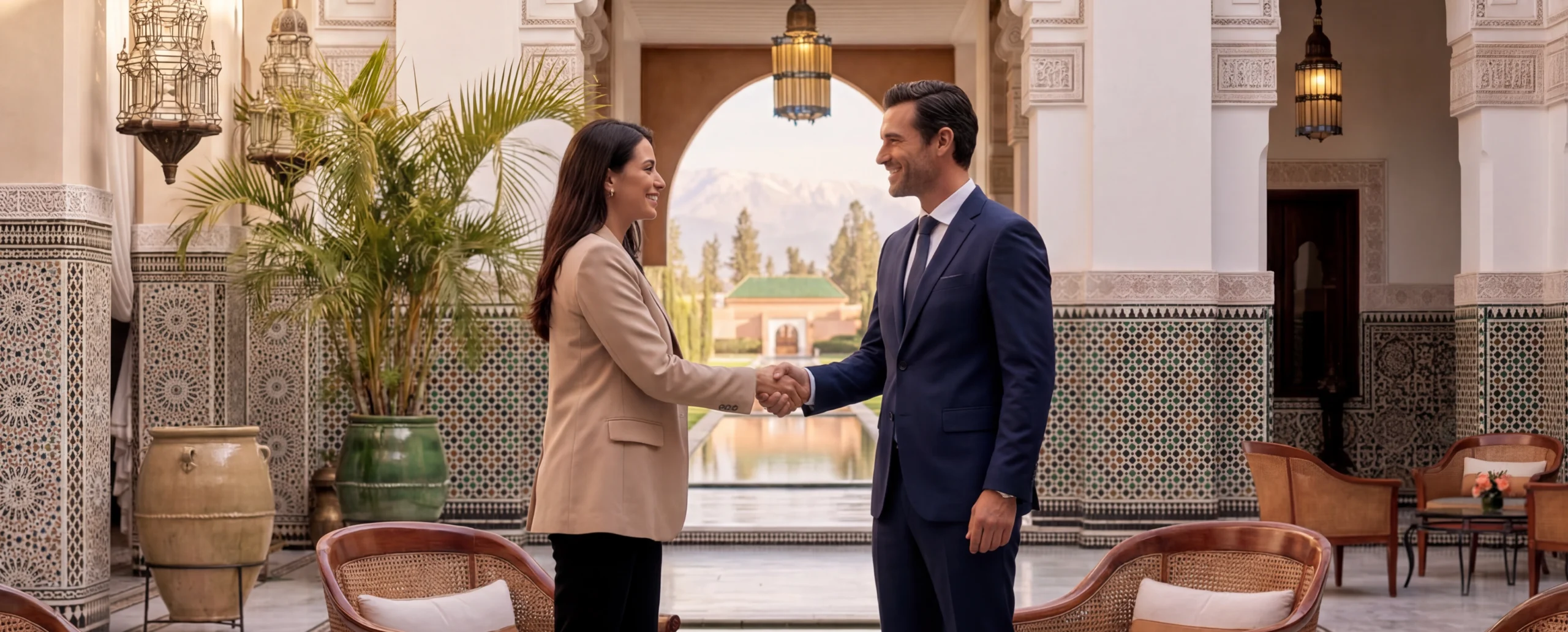 Poignée de main professionnelle B2B dans un riad marocain luxueux avec zellige et lanterne dorée – partenariat hôtels et spas Belmés Profissional