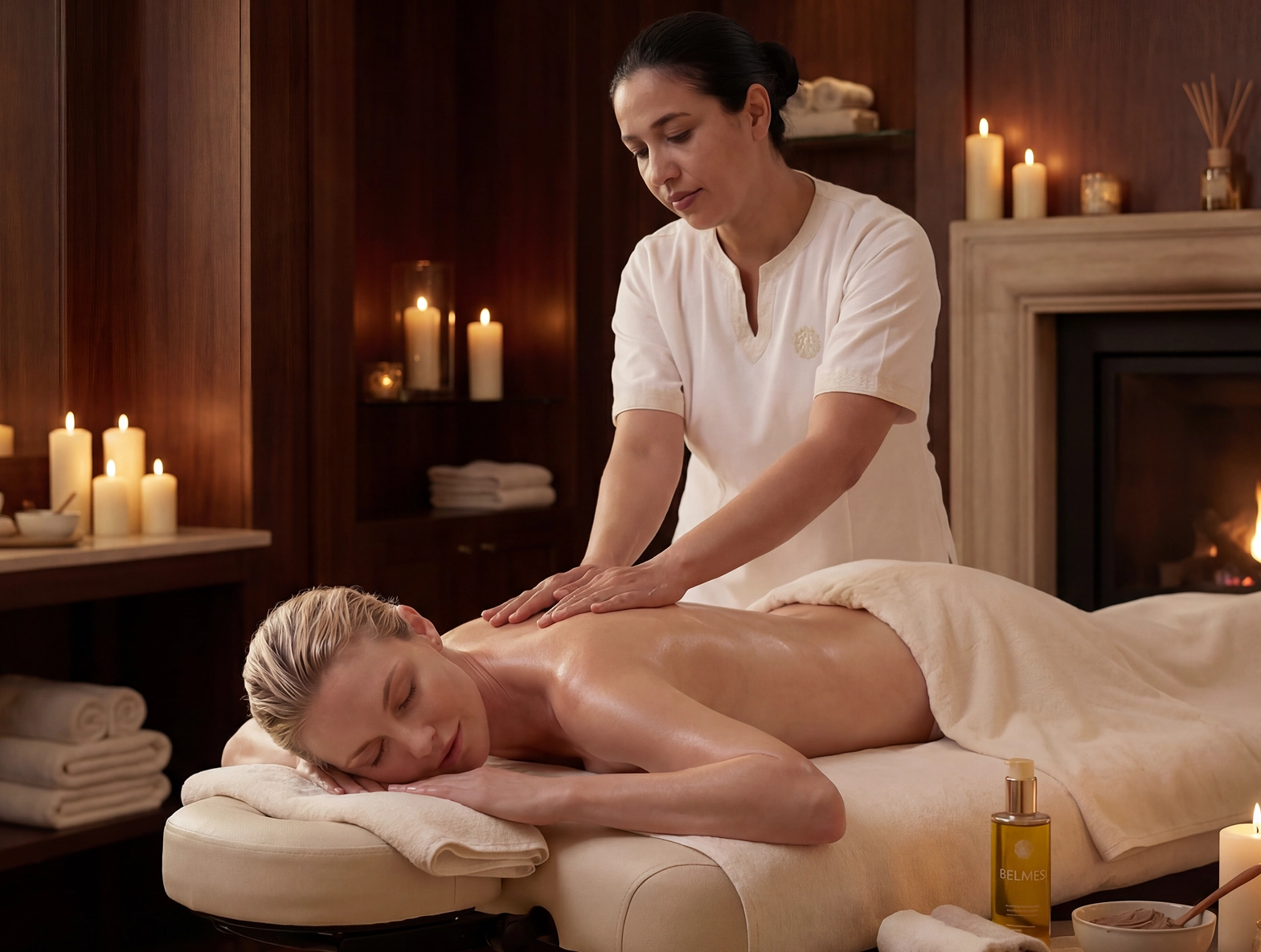 Masseuse massant le dos huilé d'une cliente dans une cabine spa luxueux aux bougies – flacon huile de massage Belmés Profissional visible au premier plan