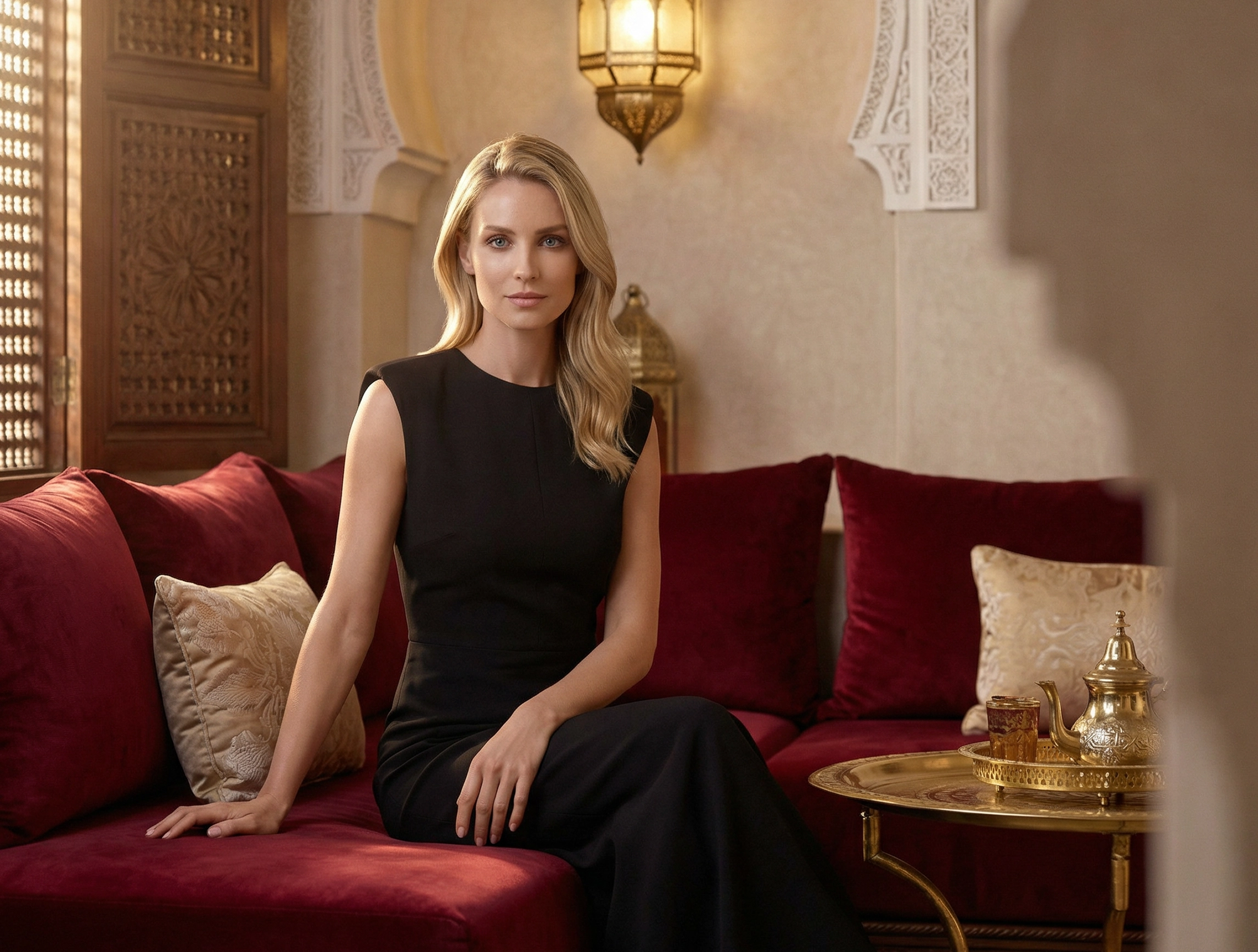 Femme peau soignée salon riad marocain lanterne dorée service thé – expérience luxe cosmétiques Belmés Profissional