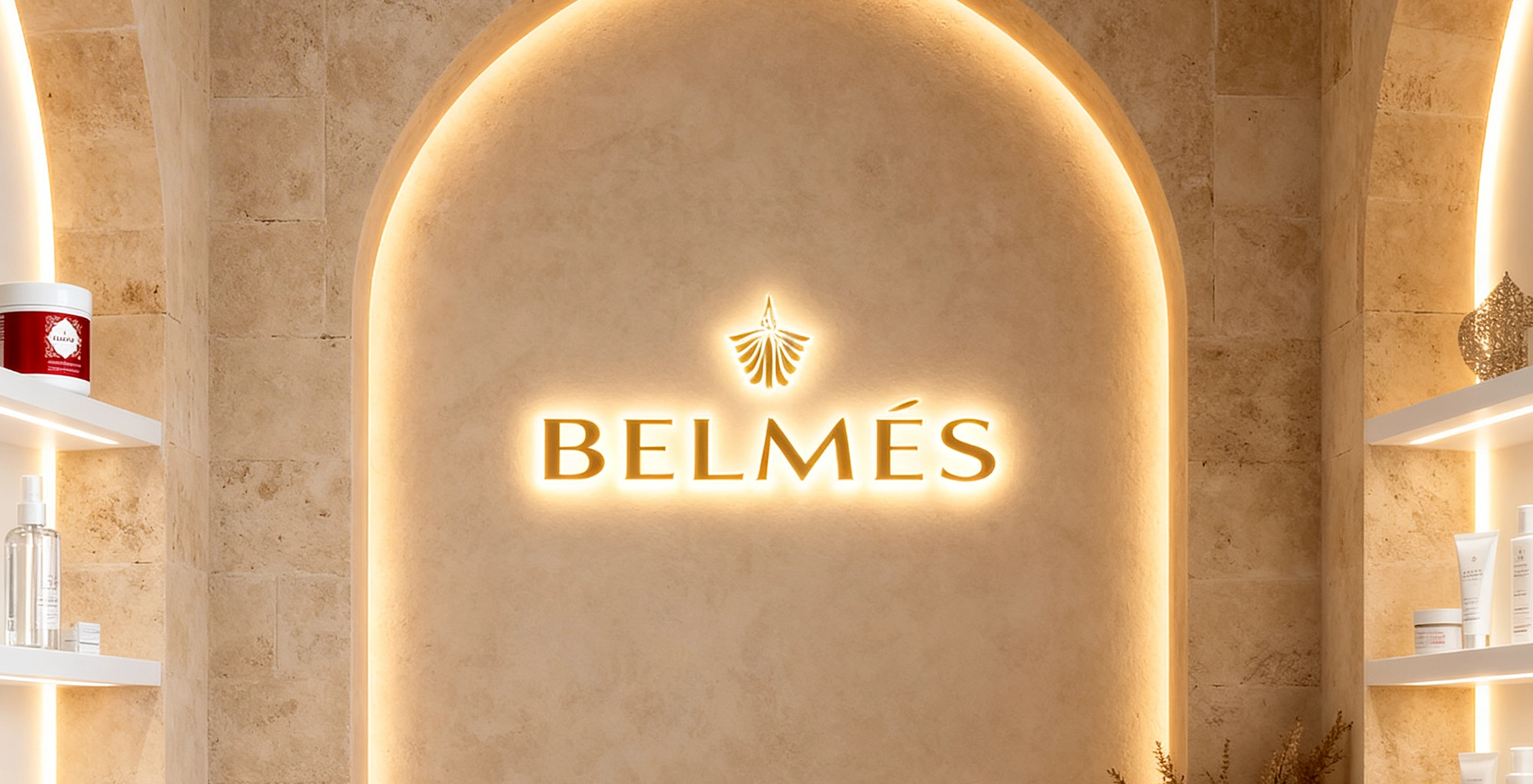 Showroom Belmés Profissional enseigne lumineuse dorée arche marocaine cosmétiques professionnels spa hammam Maroc
