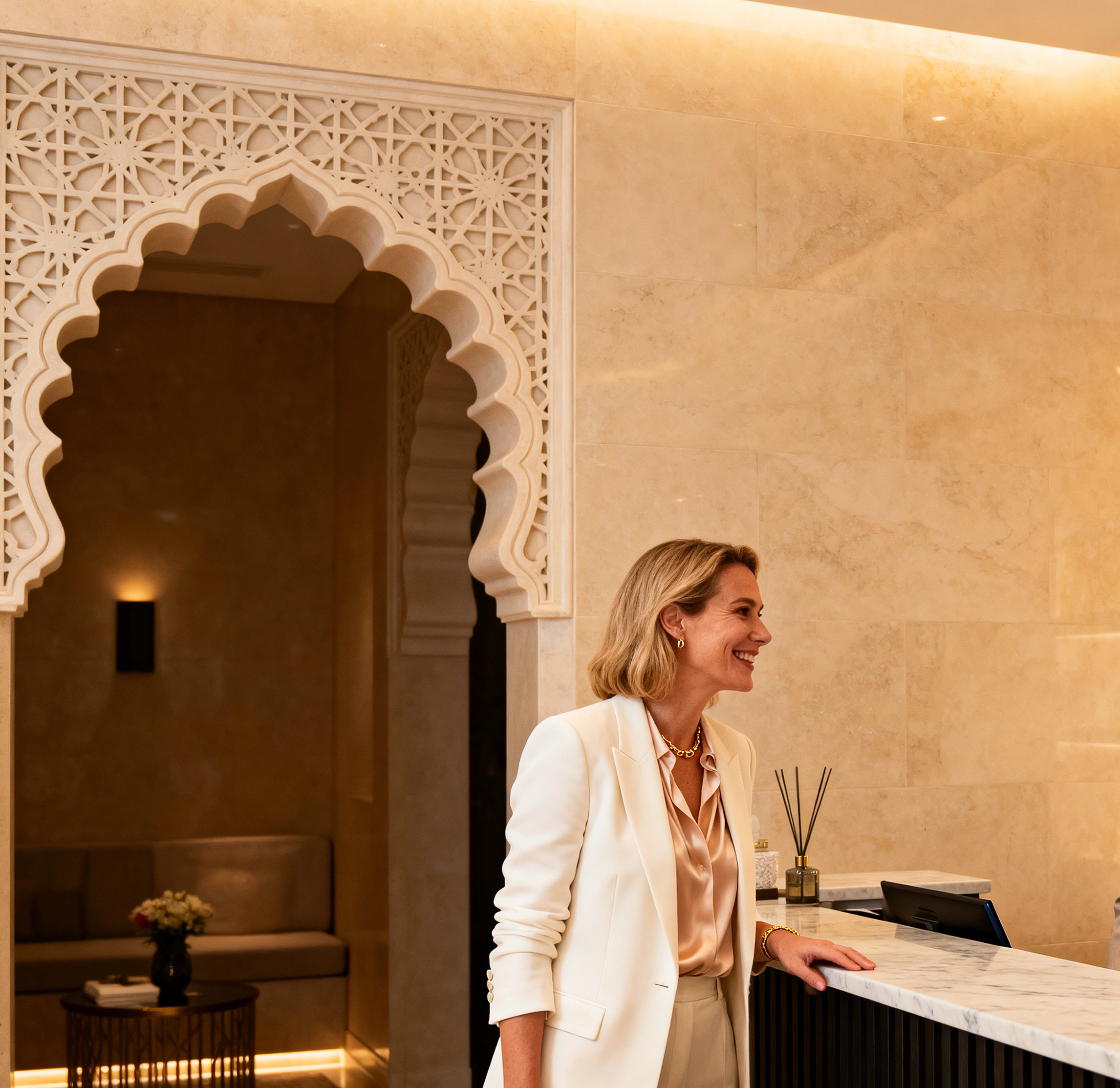 Réceptionniste accueil spa hôtel luxe architecture marocaine arche sculptée – partenaire Belmés Profissional cosmétiques B2B