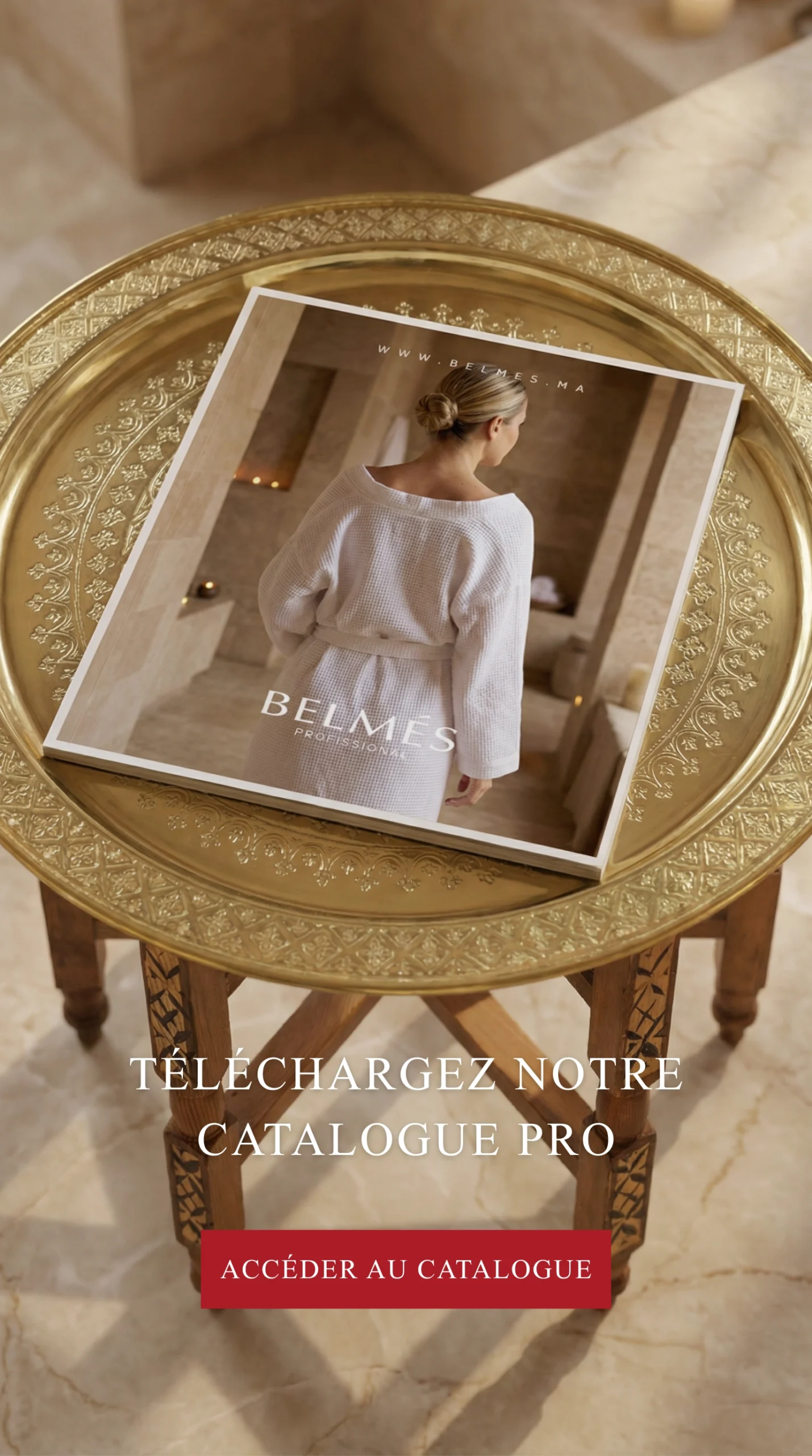 Catalogue Pro Belmés Profissional posé sur un plateau marocain doré – cosmétiques naturels pour spas, hammams et hôtels au Maroc
