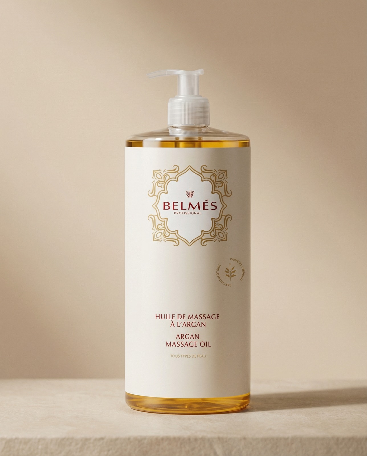 Flacon huile de massage à l'argan Belmés Profissional avec pompe – huile dorée tous types de peau soin corps naturel