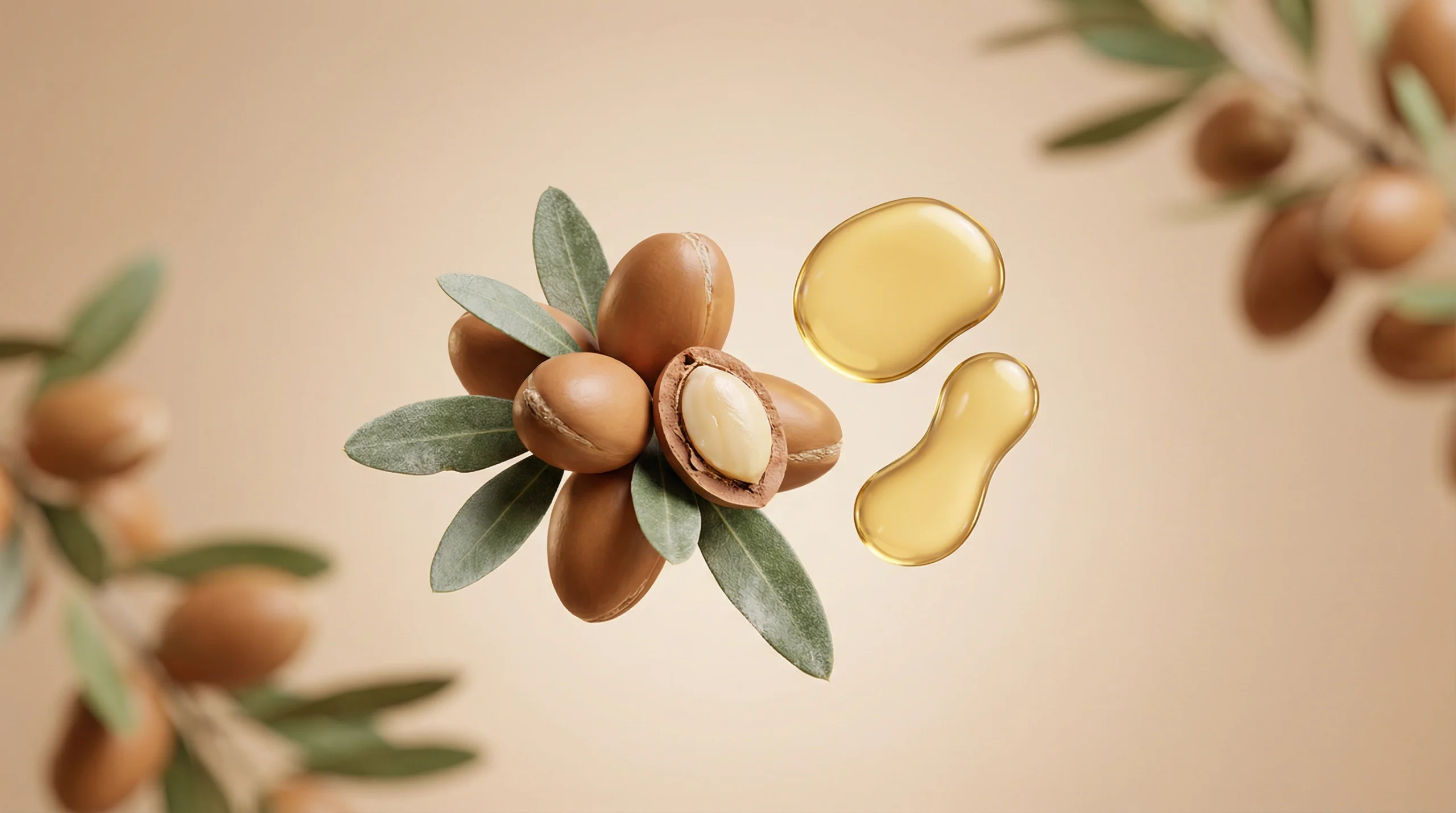 Noix d'argan du Maroc avec feuilles d'arganier et gouttes d'huile dorée – ingrédient huile d'argan pure soin naturel Belmés Profissional