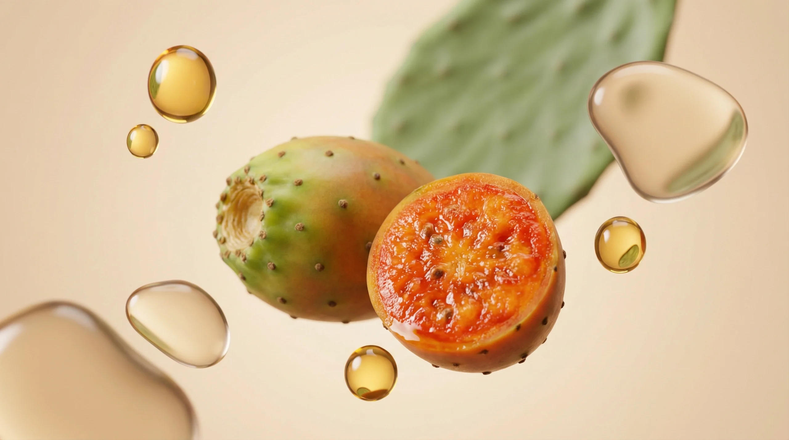 Figue de barbarie coupée avec gouttes d'huile dorée et raquette de cactus – ingrédient huile anti-âge naturel Belmés Profissional