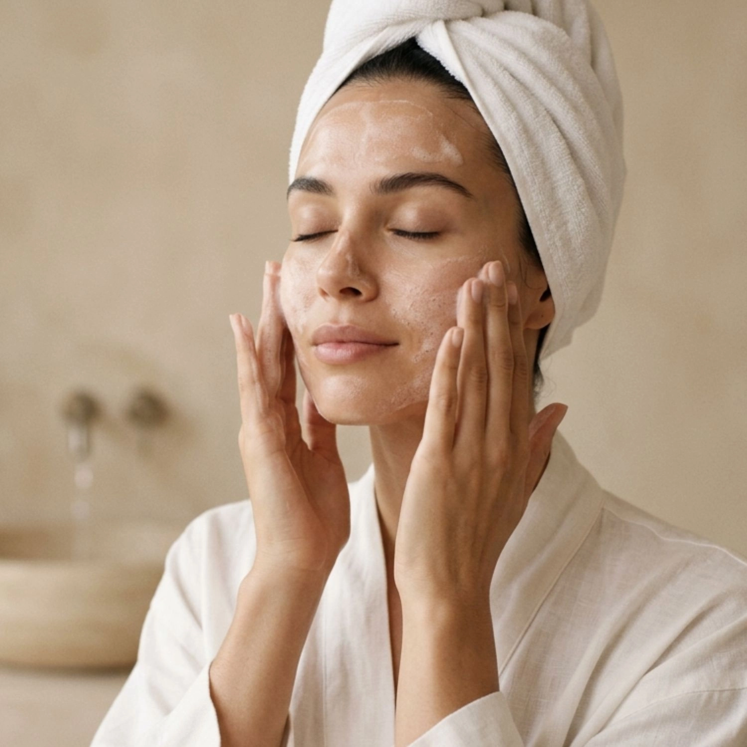 Femme en peignoir blanc appliquant le gel nettoyant visage Belmés Profissional sur le visage en mousse – soin nettoyant purifiant peau nette