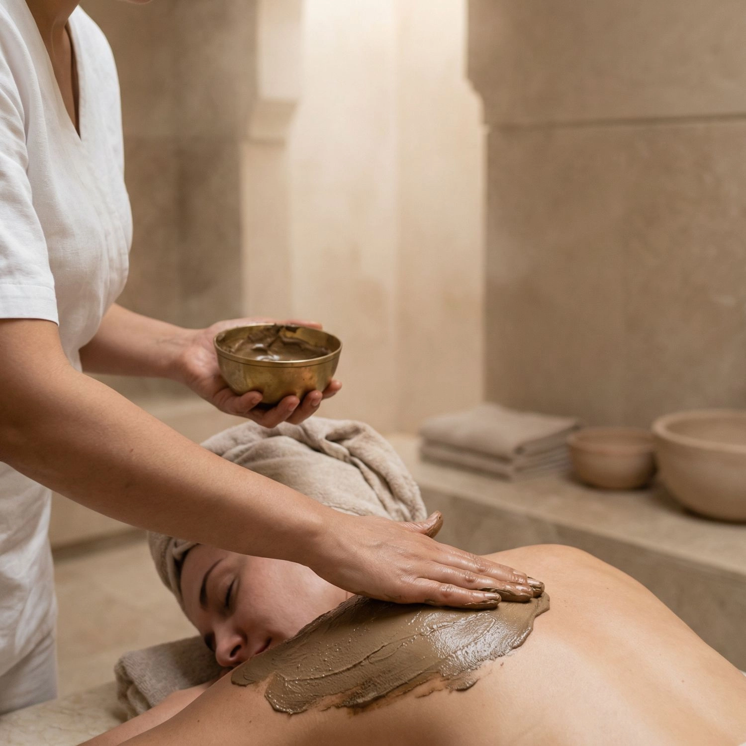 Esthéticienne appliquant le ghassoul aux sept plantes Belmés Profissional sur le dos d'une cliente dans un hammam marocain – bol doré en main
