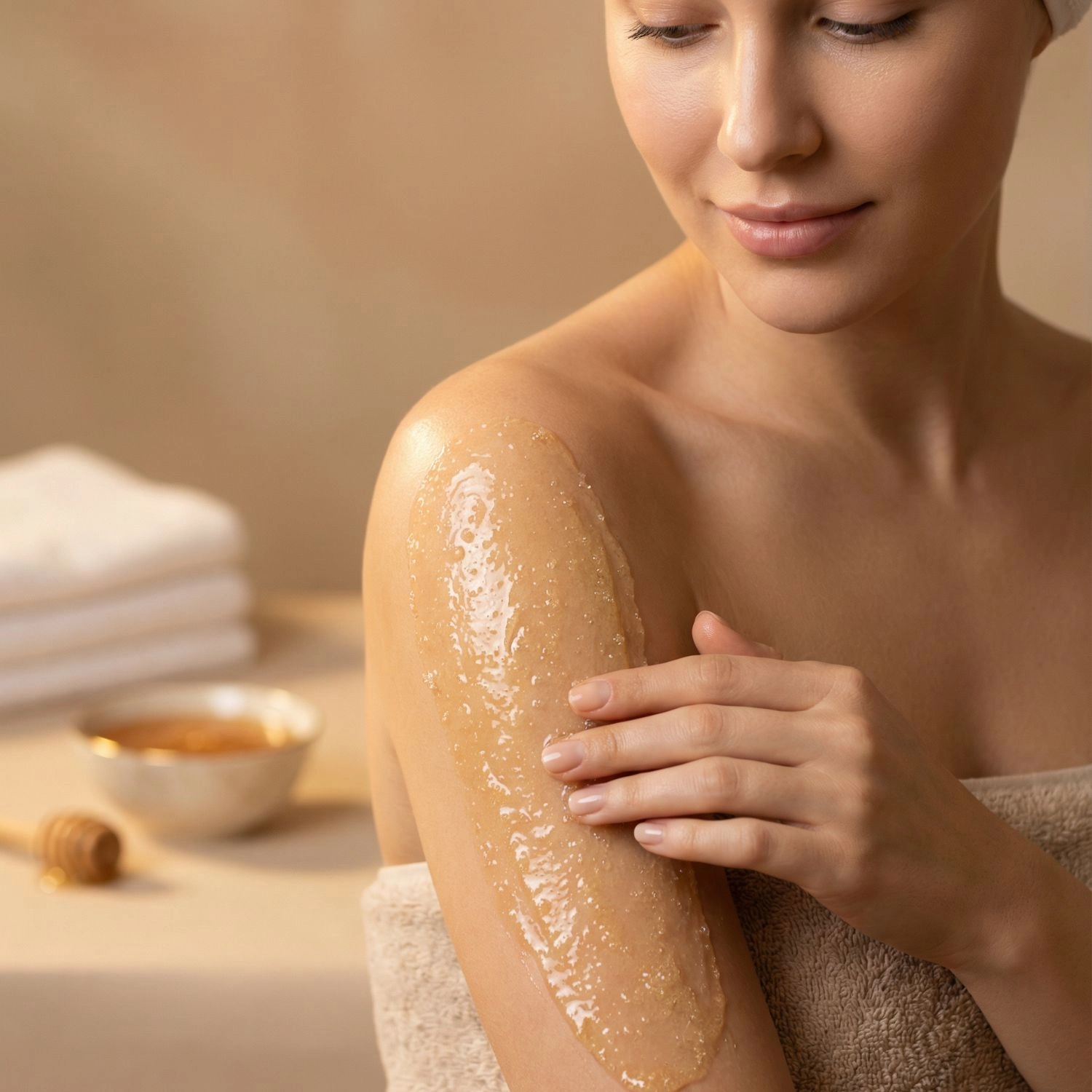 Femme appliquant le gommage sucre et miel Belmés Profissional sur l'épaule en spa – exfoliant naturel corps hydratant et éclatant