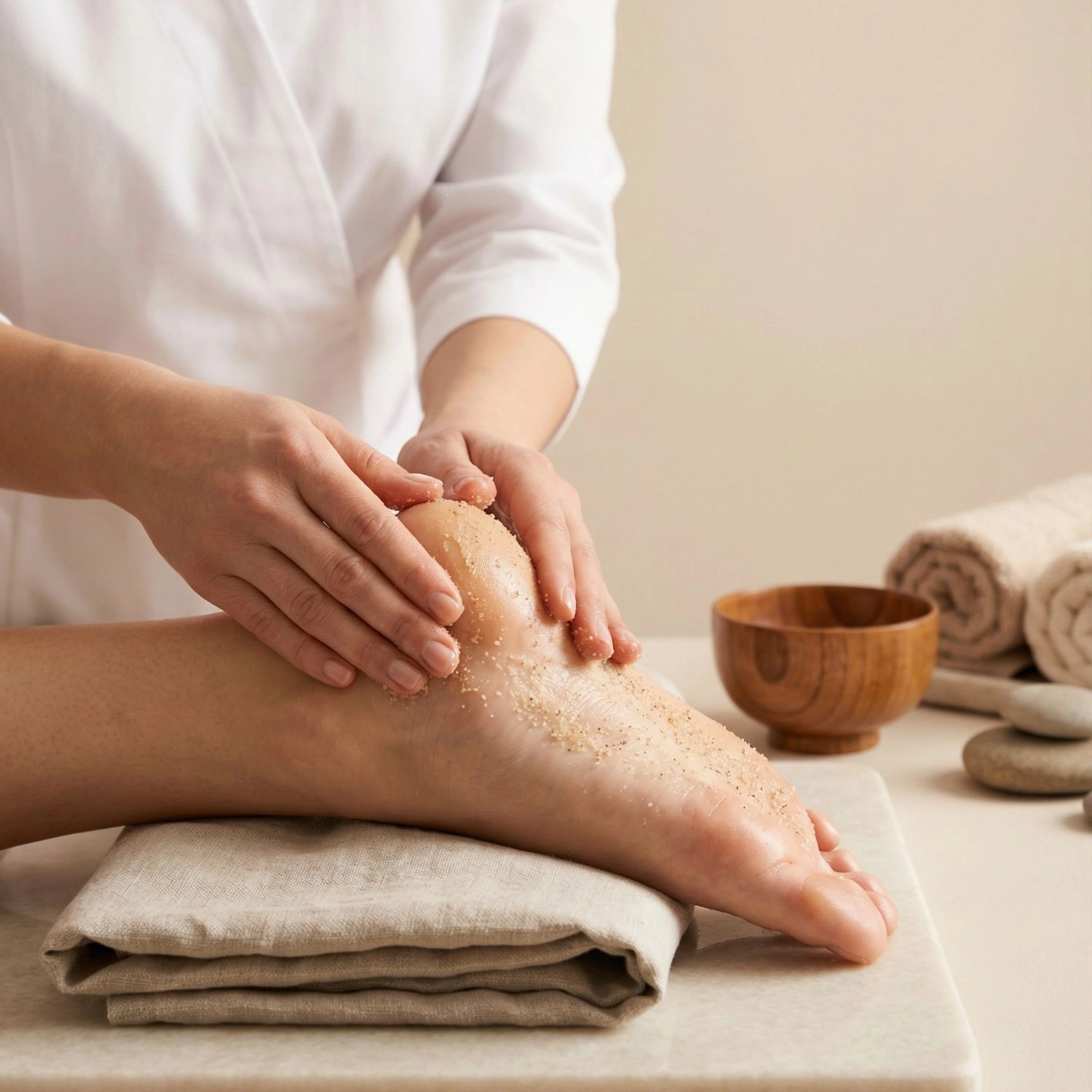 Esthéticienne appliquant le gommage pieds naturel Belmés Profissional sur le talon – soin exfoliant anti-callosités en spa