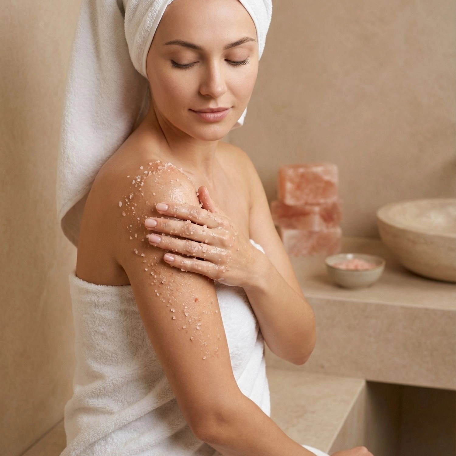 Femme en peignoir blanc appliquant le gommage sel de l'Himalaya Belmés Profissional sur l'épaule – cristaux roses et blocs sel himalaya visibles en arrière-plan