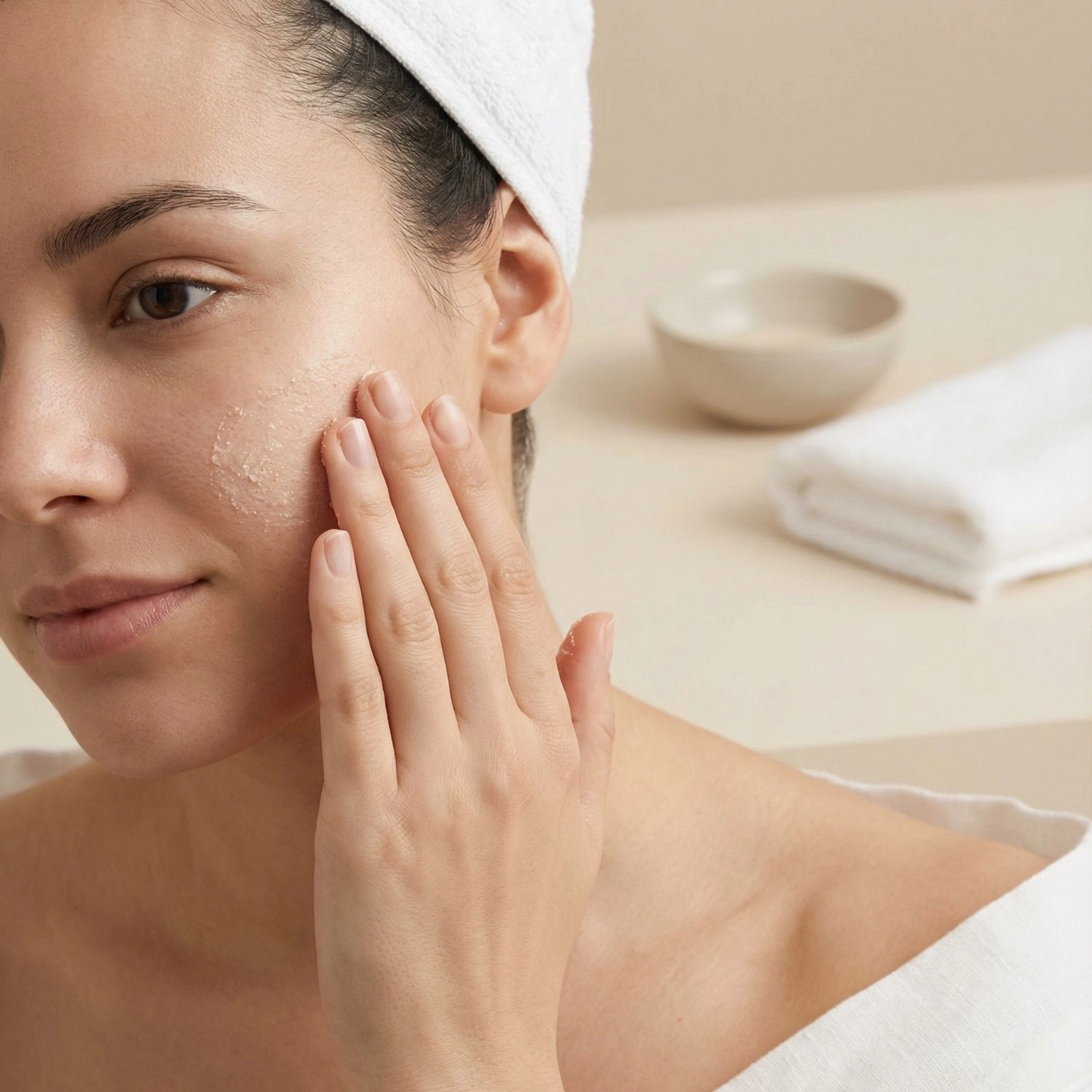 Femme appliquant le gommage visage naturel Belmés Profissional sur la joue en mouvements circulaires – exfoliation douce peau nette et éclatante