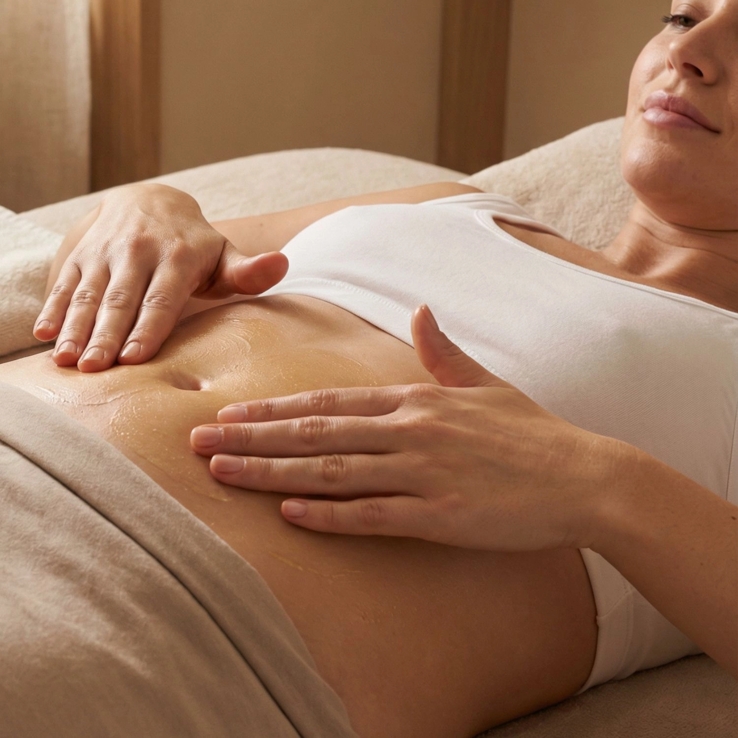 Femme appliquant l'huile anti-vergetures Belmés Profissional sur le ventre – soin naturel grossesse et post-partum en spa