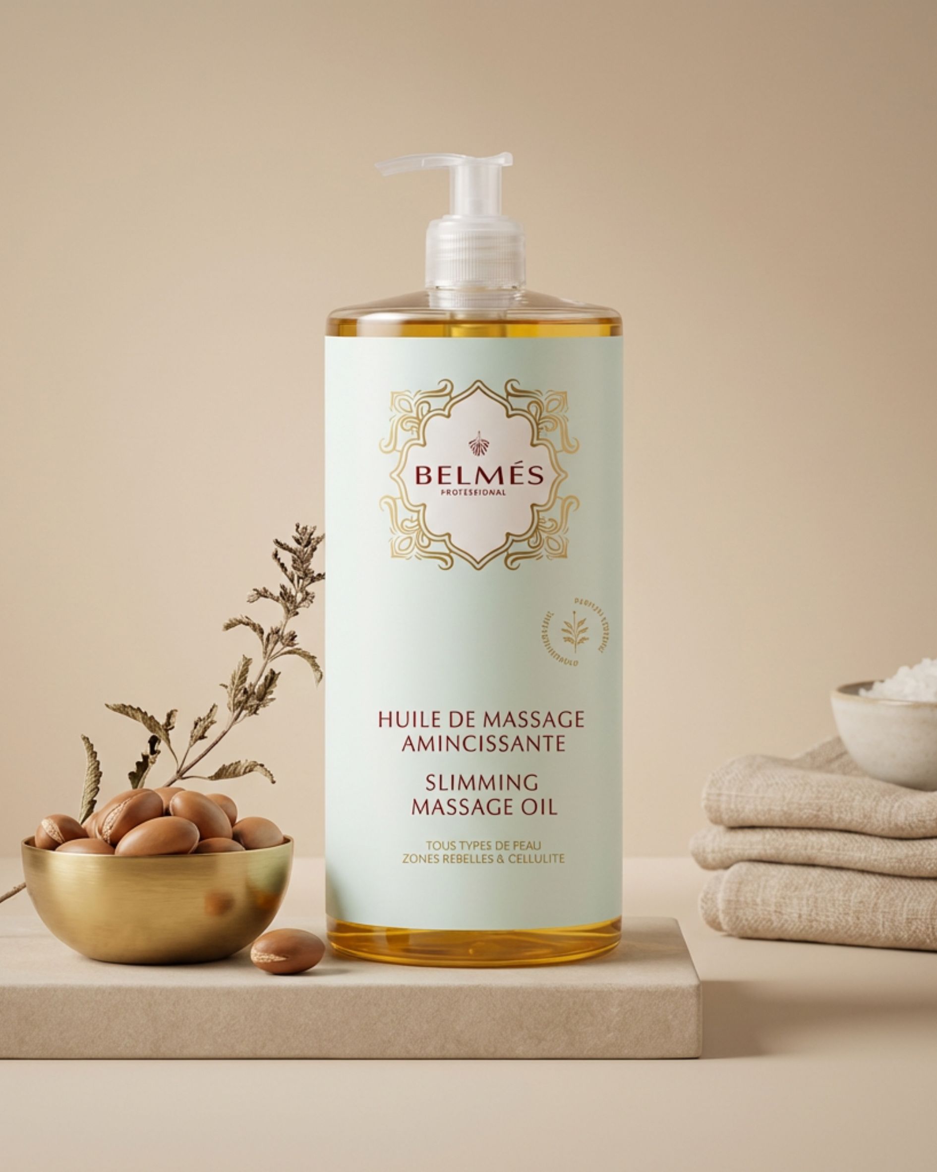Flacon huile de massage amincissante Belmés Profissional – noix d'argan dans bol doré et plantes aromatiques en arrière-plan zones rebelles et cellulite